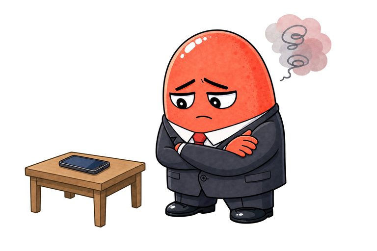 スマートフォンをデスクに置いたまま、腕を組んで考え込んでいるめんれん先輩