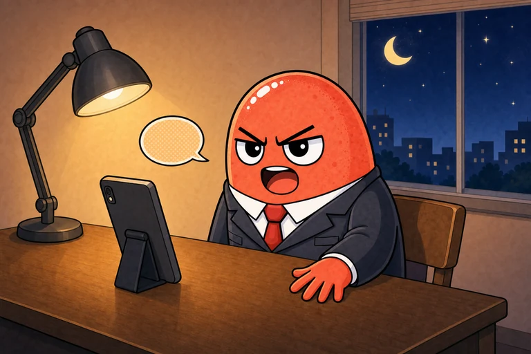 夜の自室で机に向かい、スタンドに立てたスマートフォンに声を出して回答しているめんれん先輩